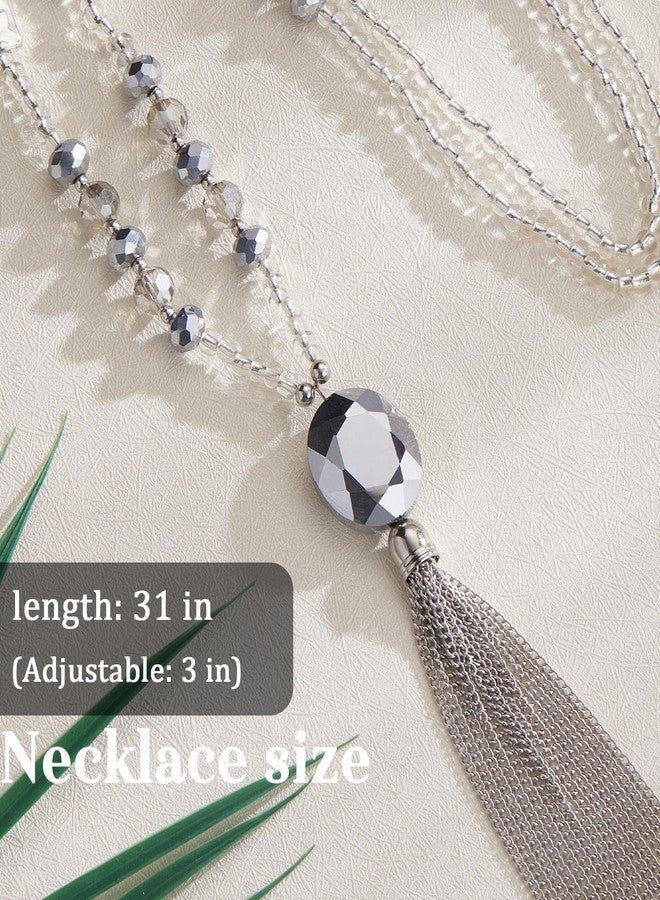 BULINLIN Boho Beaded Long Necklaces for Women Chunky Bead Pendant Necklace with Crystal Tassel Costume Jewelry Gifts for Her(Silver) - Image 5